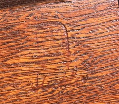 Faint Gustav Stickley branded signature on rear seat stretcher. Circa 1912-1916.